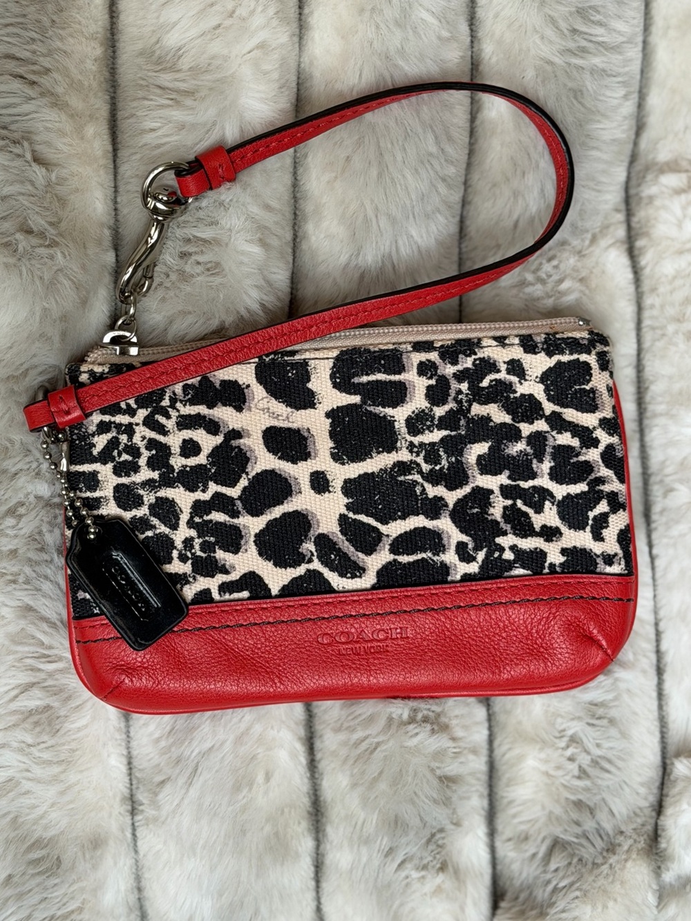 Coach Ocelot/Leopard Print Canvas Wristlet with Red Leather Trim